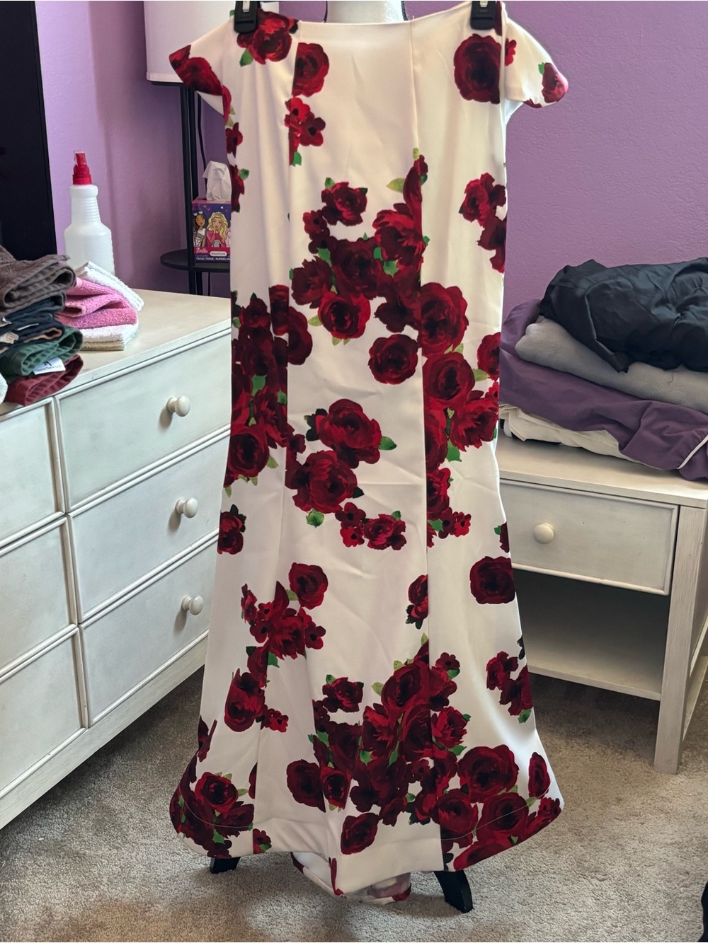 White Maxi Dress with Red Rose Print